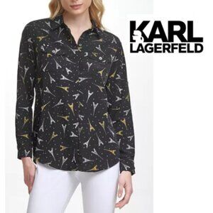Karl Lagerfeld Whimsical Eiffel Tower Graphic Button Up Top